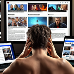 ** A person looking stressed and overwhelmed, surrounded by multiple screens (phone, laptop, tablet) displaying various notifications, news headlines, and social media feeds. The background should be a cluttered room to emphasize the feeling of being overwhelmed.

**