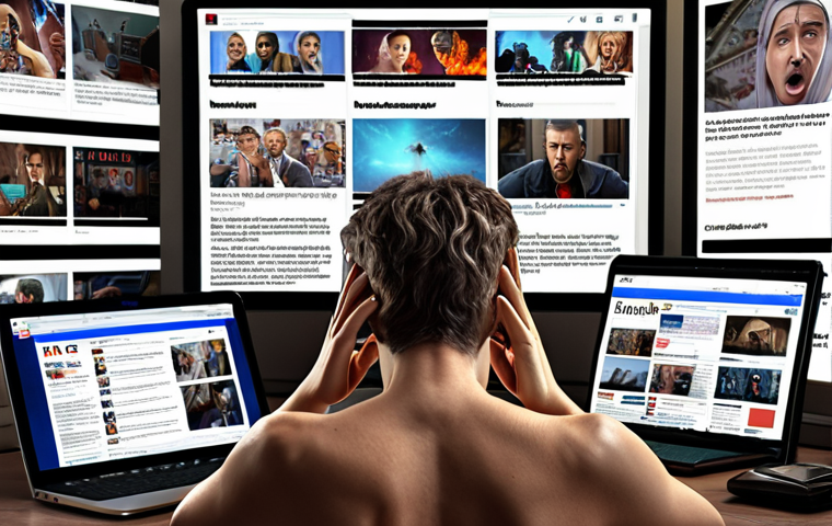 ** A person looking stressed and overwhelmed, surrounded by multiple screens (phone, laptop, tablet) displaying various notifications, news headlines, and social media feeds. The background should be a cluttered room to emphasize the feeling of being overwhelmed.

**