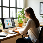 **Image Prompt:** A balanced lifestyle scene depicting a person working comfortably at a tidy desk with plants, sunlight, and a clear separation between work and relaxation areas. Focus on promoting well-being and reducing digital fatigue. Include elements representing time management and prioritizing tasks.