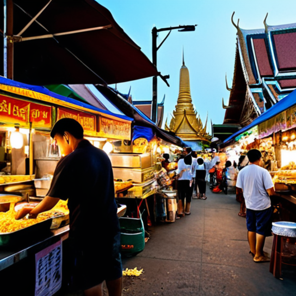 **
"A vibrant and bustling Bangkok street food market at dusk. Street vendors are preparing Pad Thai and Mango Sticky Rice. Ornate temples are visible in the background. Warm lighting, delicious aromas, a sense of energy and tradition. High quality, realistic."
**