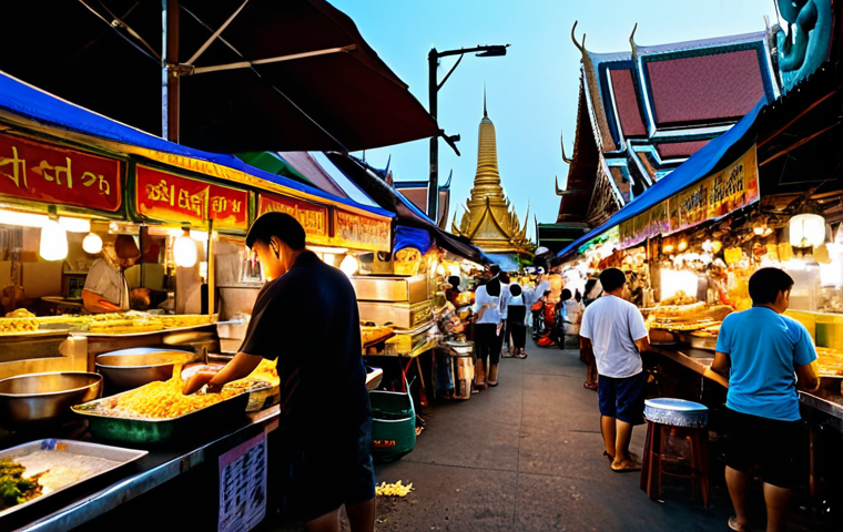 **

"A vibrant and bustling Bangkok street food market at dusk. Street vendors are preparing Pad Thai and Mango Sticky Rice. Ornate temples are visible in the background. Warm lighting, delicious aromas, a sense of energy and tradition. High quality, realistic."

**