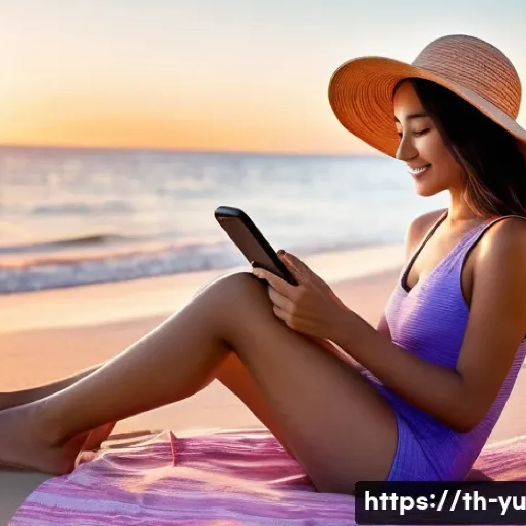 기술 피로를 줄이는 여행 팁 - **Prompt:** A young woman, wearing a modest one-piece swimsuit and a wide-brimmed straw hat, is sitt...