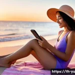 Home 21 기술 피로를 줄이는 여행 팁 - **Prompt:** A young woman, wearing a modest one-piece swimsuit and a wide-brimmed straw hat, is sitt...