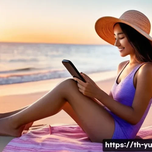 Home 33 기술 피로를 줄이는 여행 팁 - **Prompt:** A young woman, wearing a modest one-piece swimsuit and a wide-brimmed straw hat, is sitt...