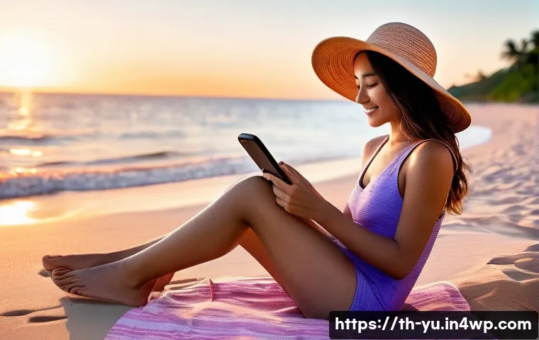기술 피로를 줄이는 여행 팁 - **Prompt:** A young woman, wearing a modest one-piece swimsuit and a wide-brimmed straw hat, is sitt...