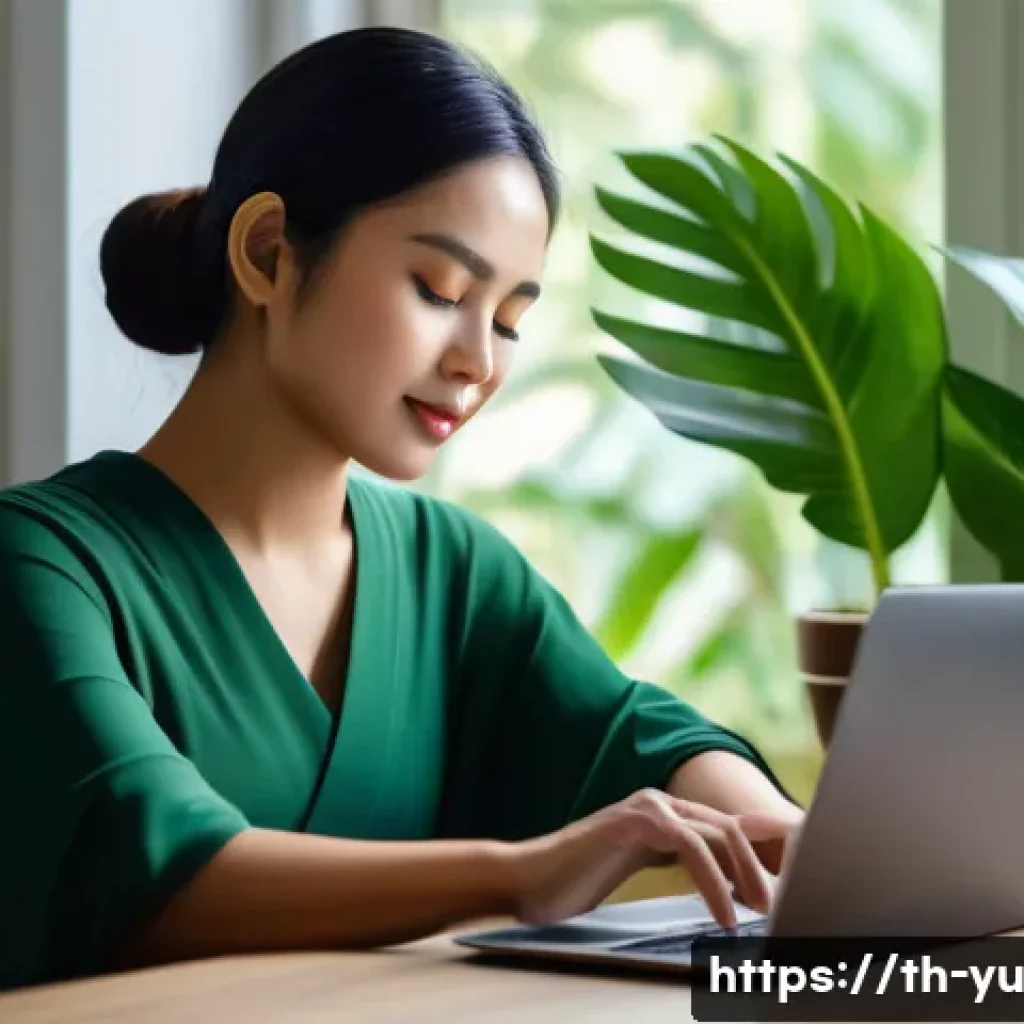 직장 내 기술 피로 감소 전략 - A modern Thai home office scene featuring a young professional woman taking a mindful break from her...