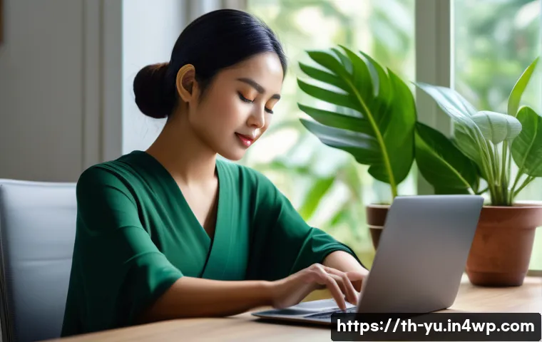 직장 내 기술 피로 감소 전략 - A modern Thai home office scene featuring a young professional woman taking a mindful break from her...