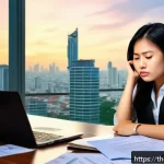 Home 19 기술 피로와 직장 내 스트레스의 상관관계 - A modern Thai office environment showing a young professional woman in business casual attire sittin...