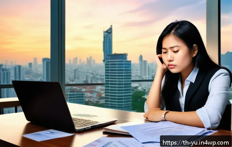 기술 피로와 직장 내 스트레스의 상관관계 - A modern Thai office environment showing a young professional woman in business casual attire sittin...