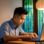 Home 18 기술 피로를 줄이는 유익한 대화법 - A modern Thai home office scene featuring a young adult male working on a laptop at a wooden desk wi...