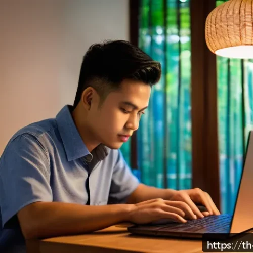 Home 30 기술 피로를 줄이는 유익한 대화법 - A modern Thai home office scene featuring a young adult male working on a laptop at a wooden desk wi...