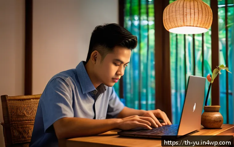 기술 피로를 줄이는 유익한 대화법 - A modern Thai home office scene featuring a young adult male working on a laptop at a wooden desk wi...