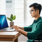 Home 23 기술 피로와 바쁜 일상에서의 균형 찾기 - A modern Thai home office scene featuring a young adult sitting at a clean, well-organized wooden de...