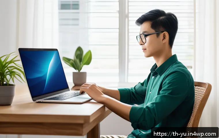 기술 피로와 바쁜 일상에서의 균형 찾기 - A modern Thai home office scene featuring a young adult sitting at a clean, well-organized wooden de...