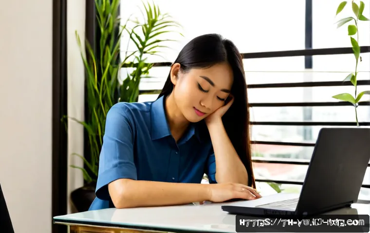 Home 17 기술 피로와 스트레스 관리의 중요성 - Photorealistic Thai office professional in a modern Bangkok apartment workspace, gently resting tire...
