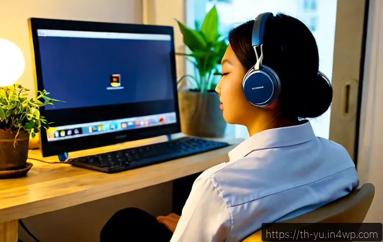 기술 피로를 완화하는 음악 치료 - Photorealistic Thai office worker in a calm Bangkok apartment after a long day of computer use, seat...